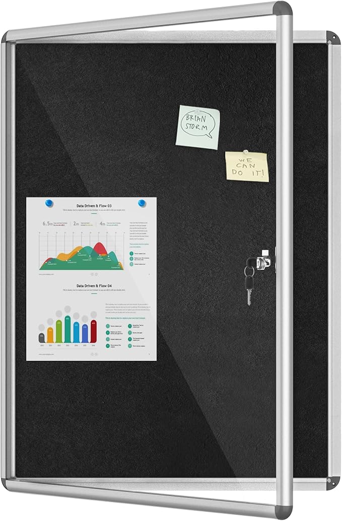 Mifuro 38"x28" Enclosed Bulletin Board, Lockable Weather-Resistant Aluminum Cork Noticeboard for School & Office, Silver Frame w/Black Flet