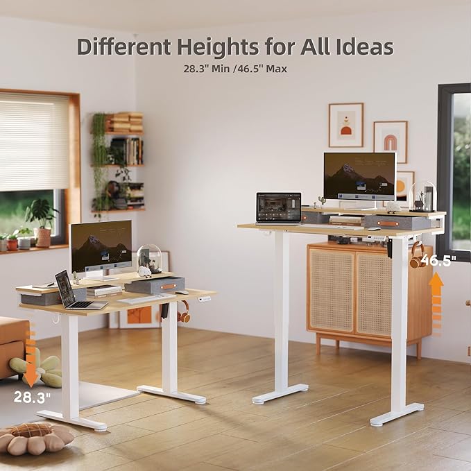 Claiks Electric Standing Desk with 2 Drawers, Adjustable Standing Desks with Storage, Height Adjustable Stand up Desk for Home Office with 2 Hooks,55 Inch Natural