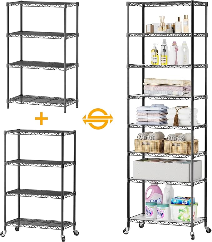 SINGAYE Shelf Closet Wire Shelving：Adjustable Metal Unit for Laundry Room Organization Bathroom Kitchen Home Storage with Wheels Pantry Rack Shelves