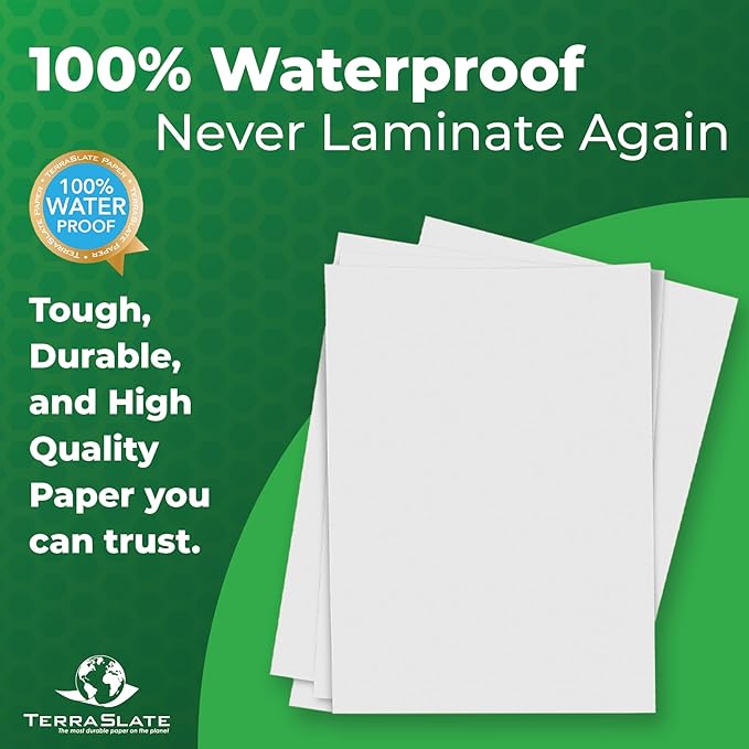 TerraSlate Printable Waterproof Paper for Laser Printer, 10 MIL 8.5" x 14", 100 Sheets, Matte White Printer Paper I Rip-Resistant, Weather/Rain Proof Copy Paper