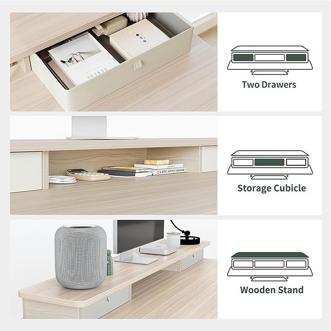 FEZIBO Height Adjustable Electric Standing Desk with 5 Drawers, 55 x 24 Inch Table with Storage Shelf, Sit Stand Desk White Frame/Light Walnut Top, 55 inch