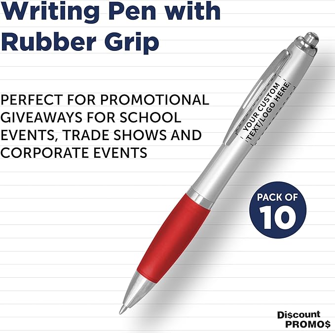 DISCOUNT PROMOS Personalized Ballpoint Pens With Rubber Grip, 10 pack Customizable Ergonomic Click-to-Write Custom Writing Pens for School with Black Ink, Red