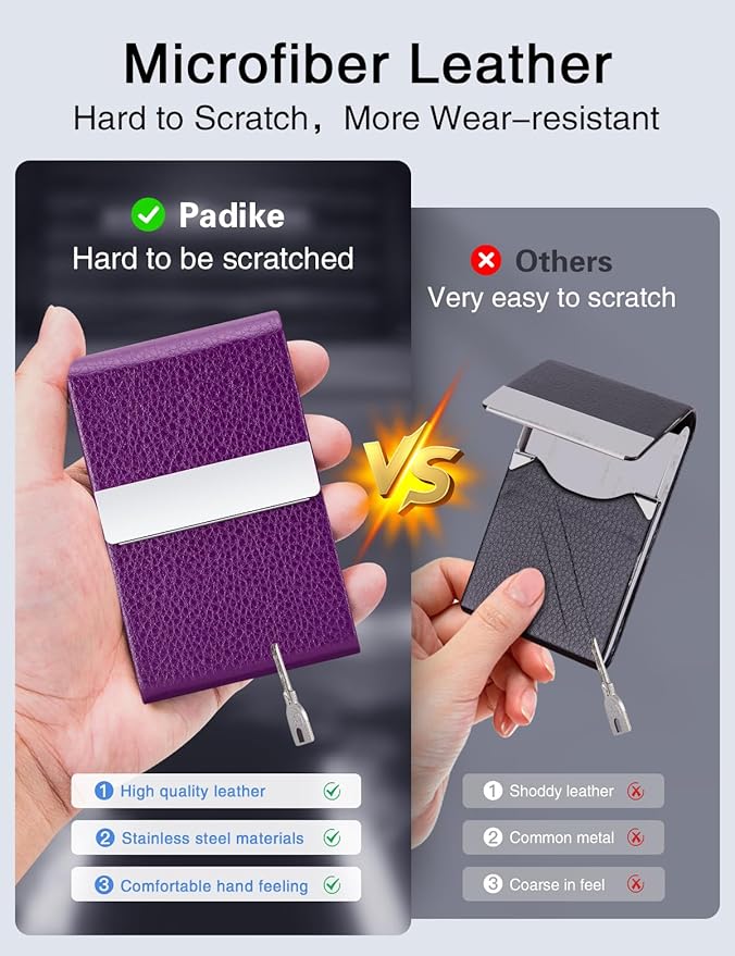 Padike PU Leather Business Card Holder for Women Slim Pocket Business Name Card Holder Stainless Steel Business Card Case with Magnetic Shut (Purple)