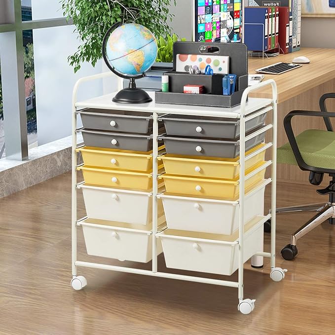 Giantex 12 Drawer Rolling Storage Cart Tools Scrapbook Paper Office School Organizer (Yellow)
