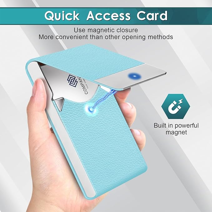 DMFLY Business Card Holder, Pocket Business Card Case, Slim Card Holders for Men or Women, PU Leather Business Card Carrier Metal RFID Blocking Name Card Holder with Magnetic Clasp
