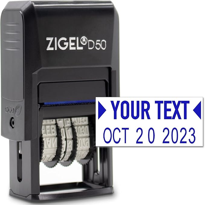 ZIGEL D50 Date Stamp with Your Custom Text - Self Inking Date Stamp - Blue