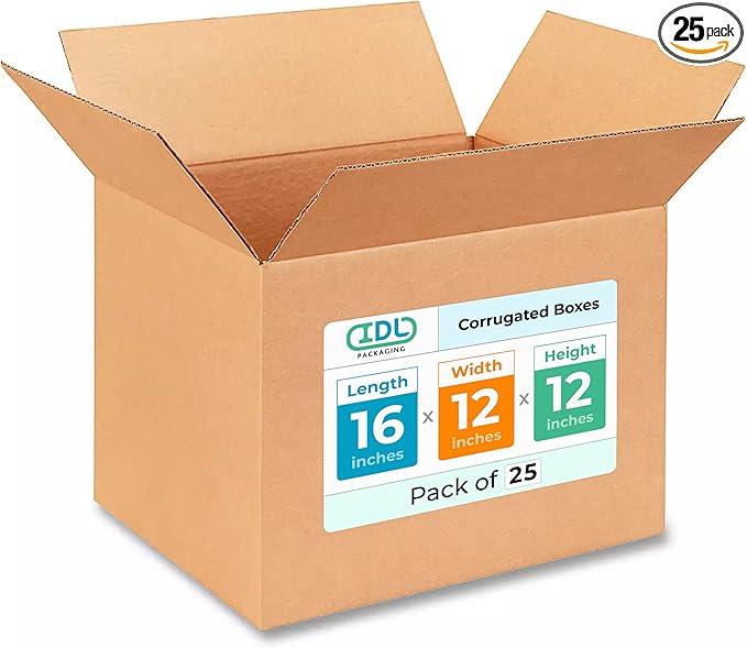 Medium Shipping & Moving Boxes 16"L x 12"W x 12"H (25-Pack) - Extra Strength 200 lb vs Regular - Corrugated Cardboard Box, Made in USA - Box for Packaging - Box to Pack by IDL Packaging