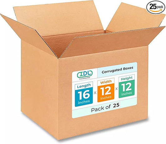 Medium Shipping & Moving Boxes 16"L x 12"W x 12"H (25-Pack) - Extra Strength 200 lb vs Regular - Corrugated Cardboard Box, Made in USA - Box for Packaging - Box to Pack by IDL Packaging