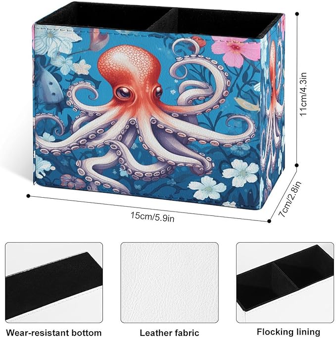 Famame Cute Octopus Flowers Pencil Holder for Desk, Leather Desktop Container Pen Cup Storage Study Table Pen Organizer Makeup Brush Holder for Classroom Office Home