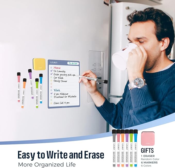 loukin Dry Erase Checklists 4 Pack, Electrostatic Clings to Any Shiny Surface, 7.9"×5.9" Whiteboard Shopping List, Reusable to do List for Office, Classroom, Refrigerator, 6 Markers&1 Eraser Included