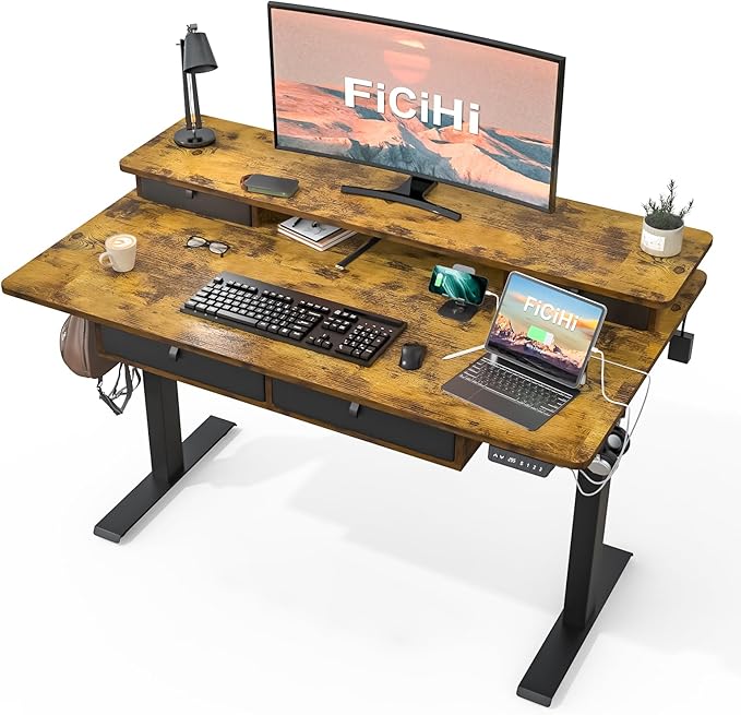 FiCiHi Adjustable Height Standing Desk with 4 Drawers,55 x 30 inches Electric Sit Stand Home Office Desk with Two Tiers, 3 Memory Presets, Monitor Stand Riser, USB A/C Charging Port