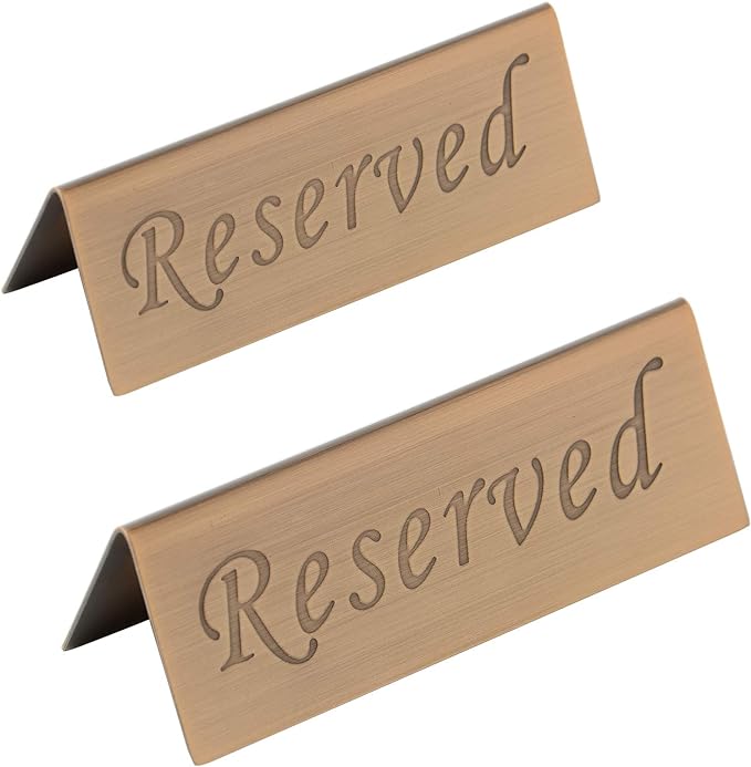 Reserved Sign - 10 Year's Use Stainless Steel Tabletop Sign Desk Top Stand Tent Signs for Restaurants,Weddings,Events -Double Sided - 4.7 by 1.6 Inch - Set Of 2 (Copper)
