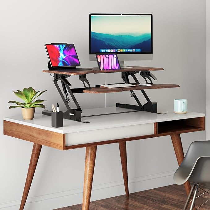 Mount-It! 38 Inch Standing Desk Converter, Sit Stand Desk Riser for Dual Monitors with Keyboard Tray, Height Adjustable Desktop Workstation, Easy Lift Gas Spring, Rustic Walnut Brown