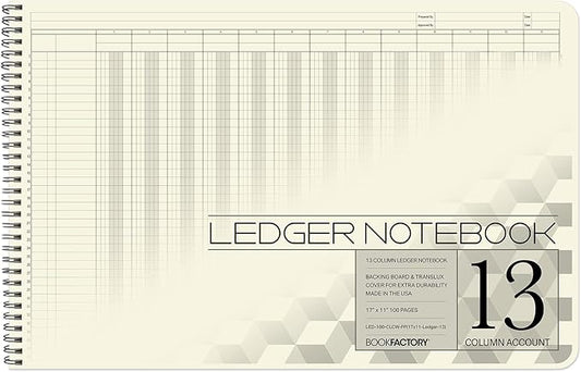 BookFactory Accounting Ledger Notebook/Large 13 Column Accounting Ledger Columnar (Thirteen Columns) Log Book - 17'' x 11'', 100 Pages, Wire-O Landscape Format (Made in USA)