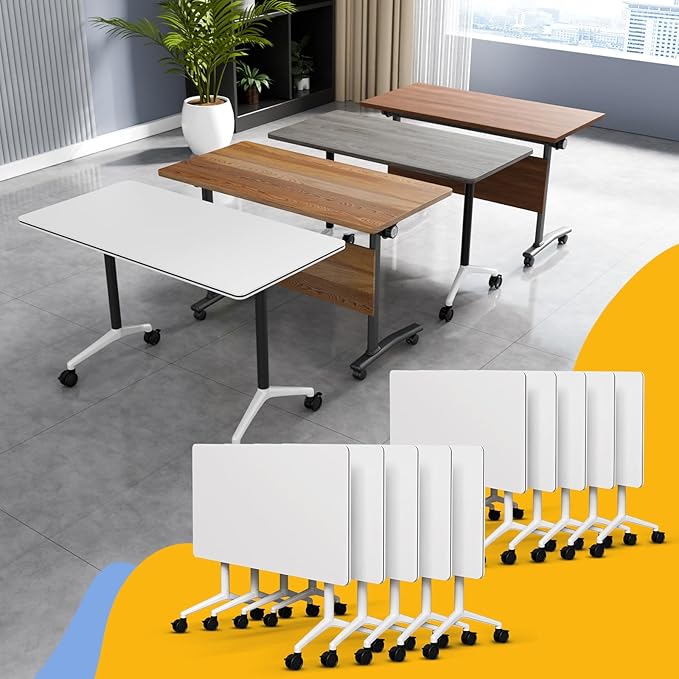 WYMHYZ Conference Table Flip Top Mobile Conference Room Tables,Folding Conference Table with Wheels,Large Meeting Training Seminar Table Saving Space for Office Classroom (10, White, 55.1'')