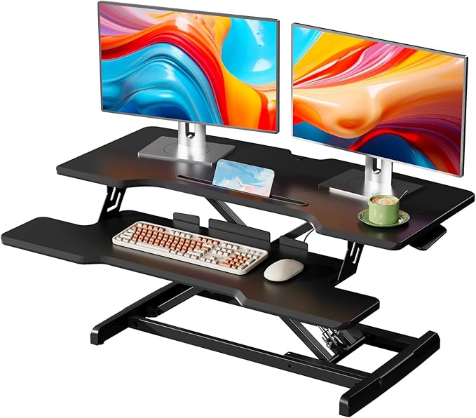 JYLH JOYSEEKER 35" Standing Desk Converter, Height Adjustable Desktop Riser with Keyboard Tray for Two Monitors, Sit to Stand up Computer Workstation for Home Office, Black