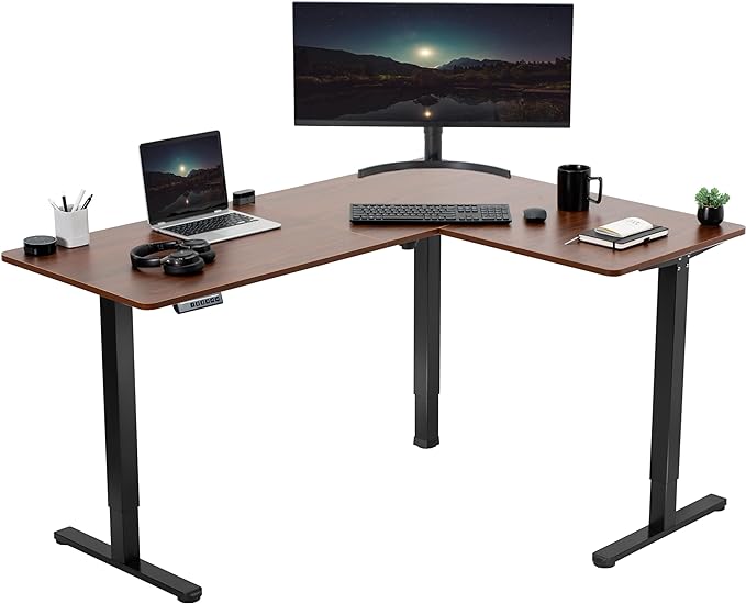 VIVO Electric Corner 63 x 47 inch L-Shaped Standing Desk, Memory Height Adjustment, Dark Walnut Top Black Frame, DESK-E3CTD-47