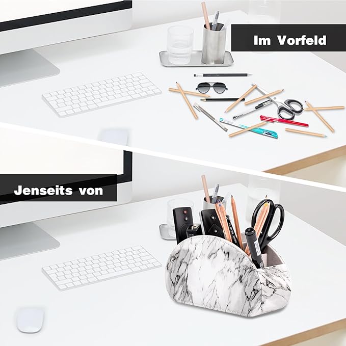 Remote Control Holders Organizer Box with 5 Compartment PU Leather Multi-functional Office Desk Storage Caddy Store Tv Remote for Media Player,Brush,Pencil,Glassees&Office Supplies (Marble)