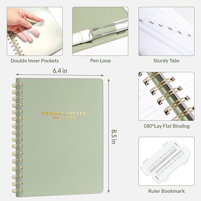 SUNEE 2026 Planner 5.9" x 8.3" – Dated Productivity Planner for Time Management - Daily,Weekly & Monthly Planner to Achieve Goals - Planner 2026 dated from January 2026 – December 2026,Grey Green