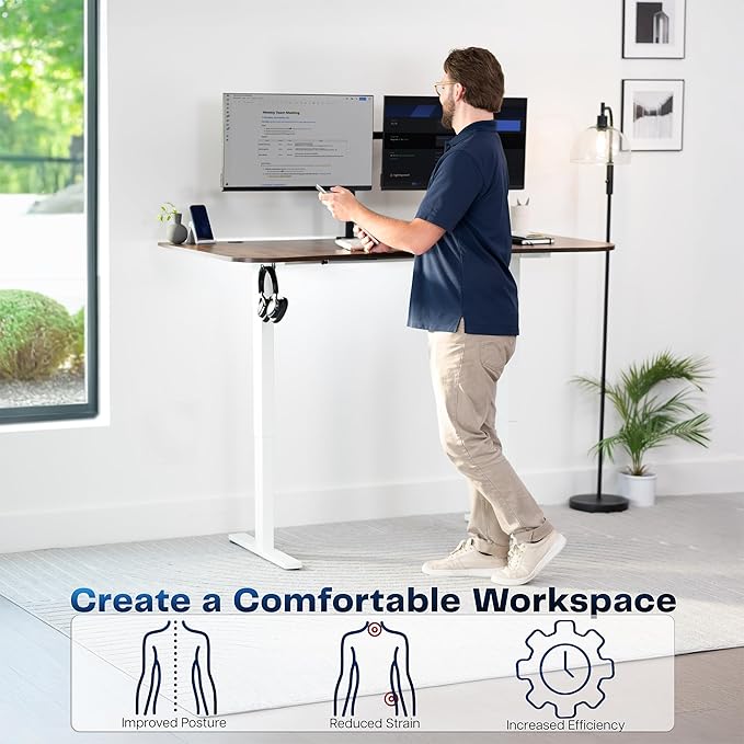 VIVO Electric 63 x 32 in Rustic Standing Desk, Memory Height Adjustment, 1B Series, Holds 220 lbs, Vintage Brown Top White Frame, DESK-KIT-1W1N