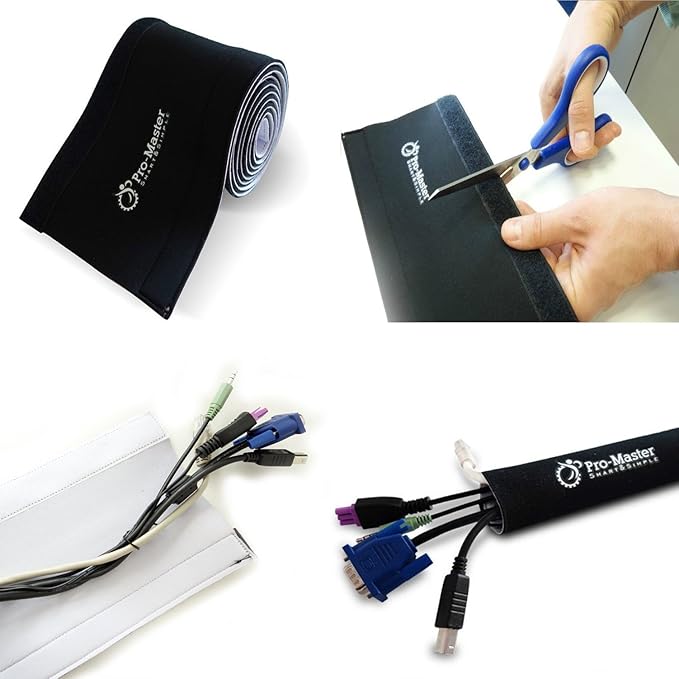 Premium 120" Cable Management Sleeve, Best Cords Organizer for TV On Wall, Computer, Office, DIY Adjustable Reversible Black and White Neoprene Cord Hider Wire Cover Concealer Wrap with Free Zip Ties