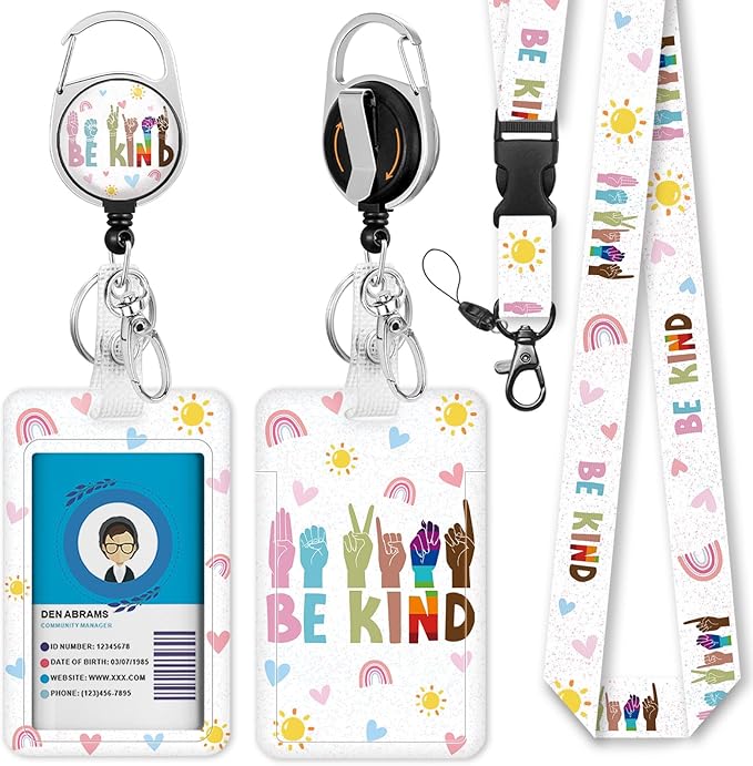Be Kind Lanyards for Id Badges, Cute Hand Sign Badge Reel Heavy Duty with Carabiner Clip, Fashionable ID Badge Holder with Breakaway Lanyard, Teacher Nurse Office Christmas Gifts