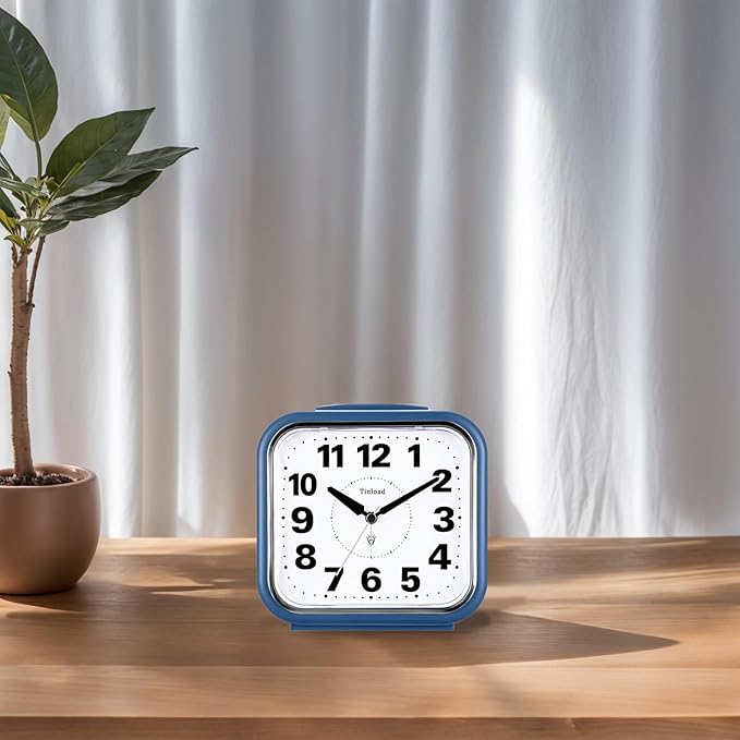 Tinload 5.5" Large No Ticking Analog Alarm Clock,Silent Readable for Seniors,Easy to Set,Gradual Rise Alarm,Big Numbers,Gentle Wake,Snooze, Lighted on Demand,Battery Operated,Blue