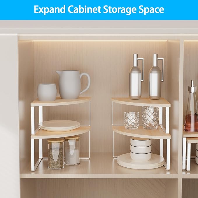 Corner Shelf Countertop Organizer - Set of 2 Corner Shelves for Kitchen Cabinet Organizer, Spice Rack, Stackable Bathroom Stand and Storage, Sink Rack, Corner Cabinet, Counter Decor, Natural Beige