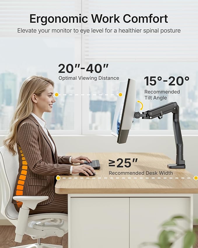 monTEK Single Monitor Arm with USB A/C, Ultrawide Monitor Stand for 17 to 57 Inch Curved Screen, Holds 59.4 lbs, Adjustable Gas Spring Arm, 75/100 VESA Mount, Clamp & Grommet Desk Mount, Black