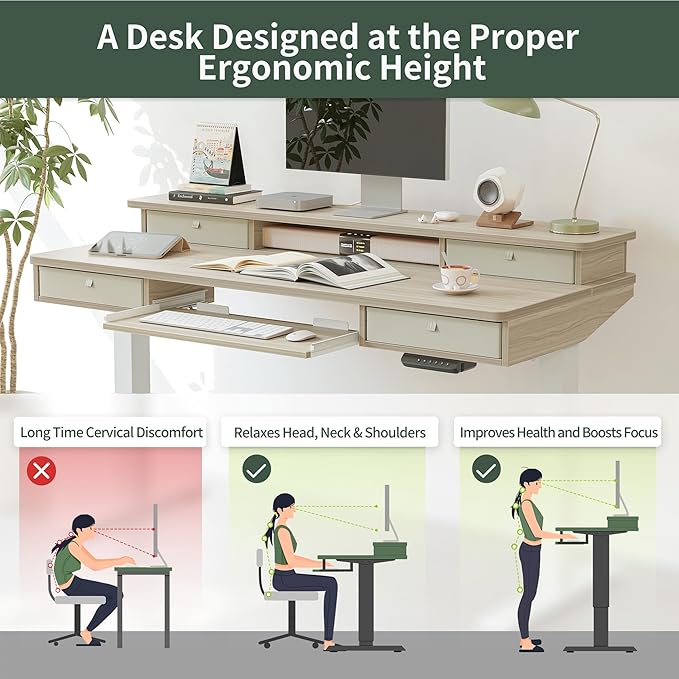 FEZIBO 55'' x 24" Height Adjustable Electric Standing Desk with 4 Drawers and Keyboard Tray, Home Office Table for Work, Study, Gaming, Writing, Light Walnut