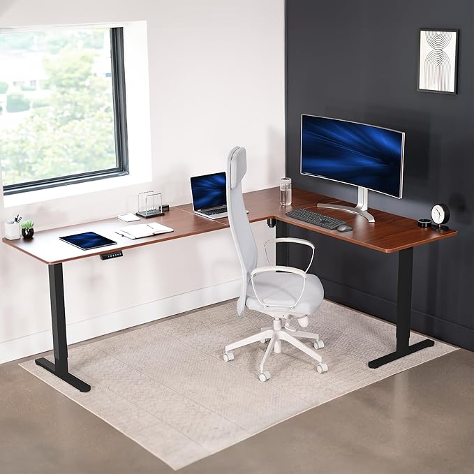 VIVO Electric Corner 84 x 63 inch L-Shaped Standing Desk, Memory Height Adjustment, Dark Walnut Top Black Frame, DESK-E3CTBD-84