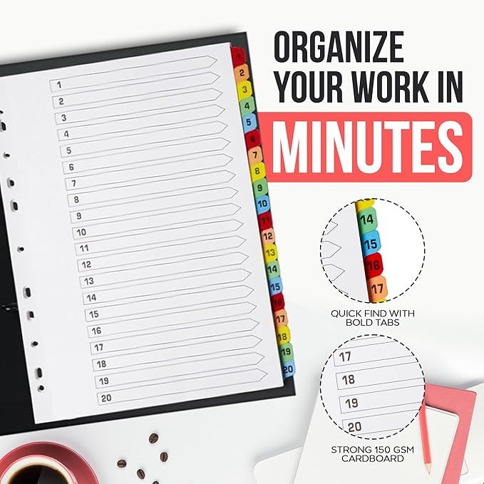 Binder Dividers with Tabs 1-20 Numbered – A4 (5 Pack) | Dividers for 3 Ring Binder | Numbered Tab Dividers for Office, School & Home Organization - The Paper Shop