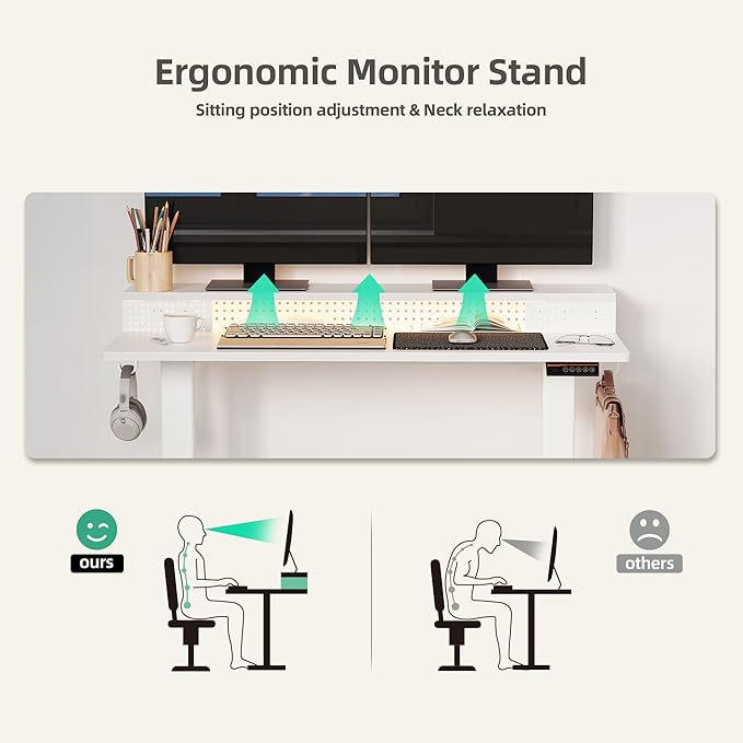 Claiks Electric Standing Desk with Shelf, 55 Inch Height Adjustable Standing Desk with LED Lights & Monitor Stand, White Frame/White Top