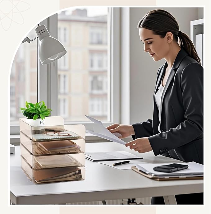 Harloon 4 Tier Acrylic Paper Tray 13 x 9.8 x 3 Inches Stackable Letter Clear Organizer No Need to Assemble Acrylic Paper Organizer File Tray for Office Workspace Desktop Storage (Transparent Gray)