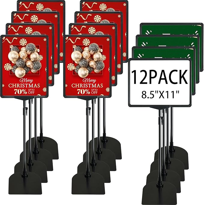 Sign Holder, 8.5 x 11 Inch Sign Stand with Adjustable Height Snap Open, Reusable Sign Stands for Display Advertising Business Signage, Vertical and Horizontal Two View Modes (Black, 12 Pack)