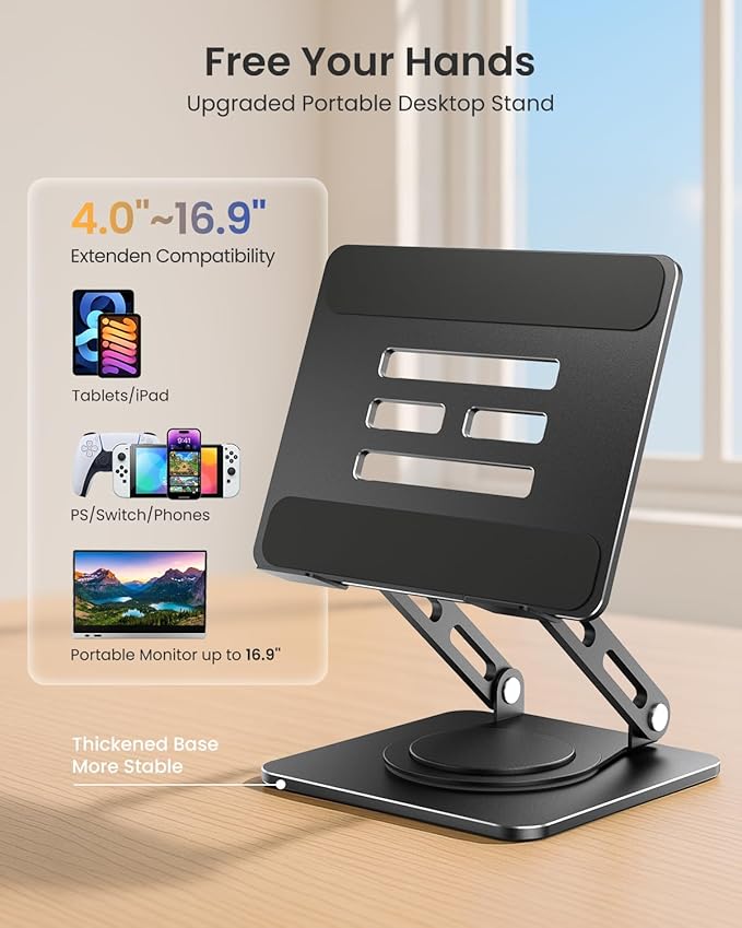 LOXP Adjustable Tablet Stand, 360 Rotating iPad Stand with Heavy-Duty Base, Tablet Holder Compatible with 4.0-16.9" Device, 2025 iPad Pro Air Mini, Kindle, Surface Tablet, Portable Monitors - Black