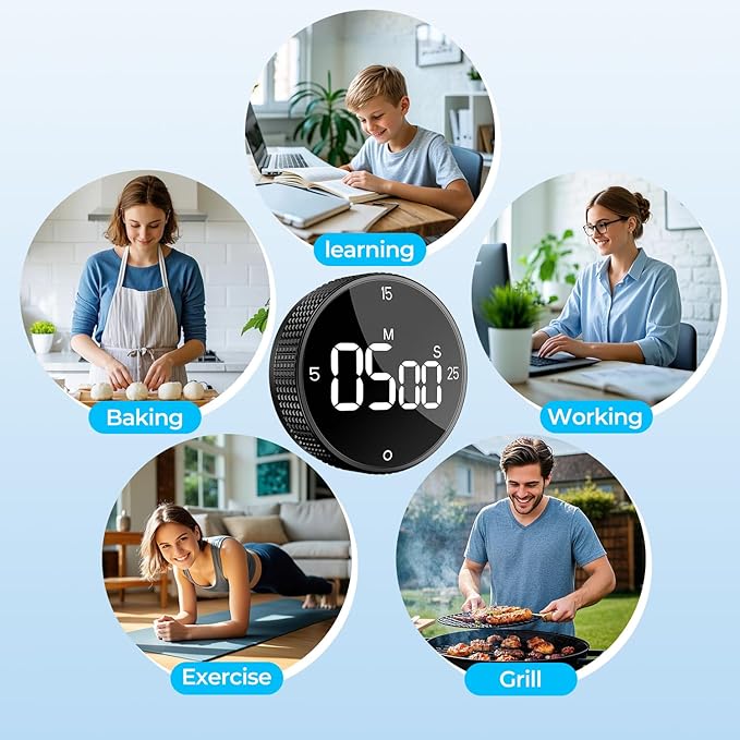 Allbean Magnetic Kitchen Timer for Cooking with Loud Alarm - Large LED Display Rotating Countdown Pomodoro Timer, Preset 5/15/25 Mins Easy for Seniors and Kids，for Baking Grilling Studying