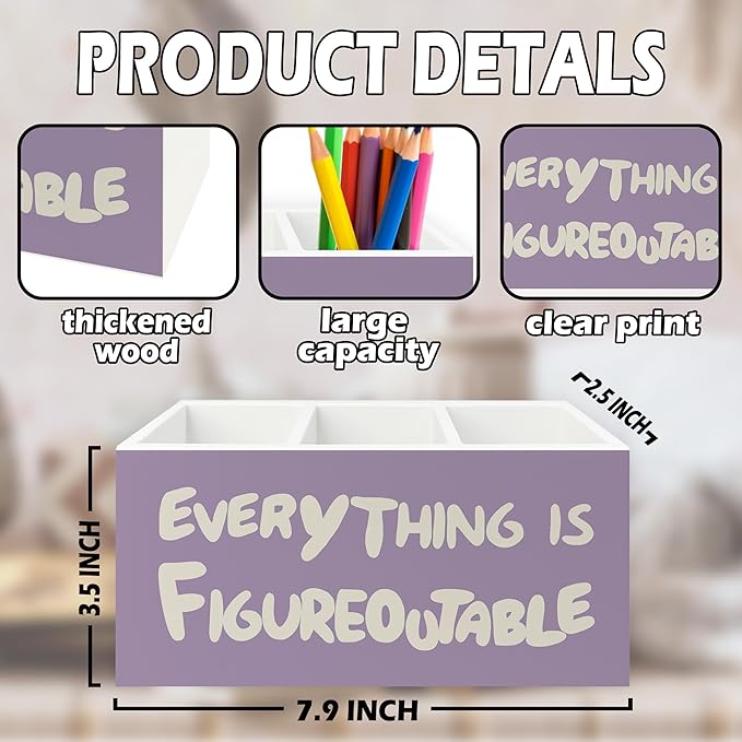 XPH Purple Inspirational Pen Pencil Holder Organizer for Desk, Inspirational Gifts for Women, Everything Is Figureoutable Motivational Wooden Box Sign for Home Office Desk Tabletop Decorations