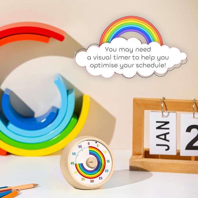 Visual Timer for Kids, 60-Minute Countdown Timer for Classroom Office Kitchen, Desk Timer Kids Time Management Tools with Silent Operation, Pomodoro Time Rainbow Pattern(Khaki)