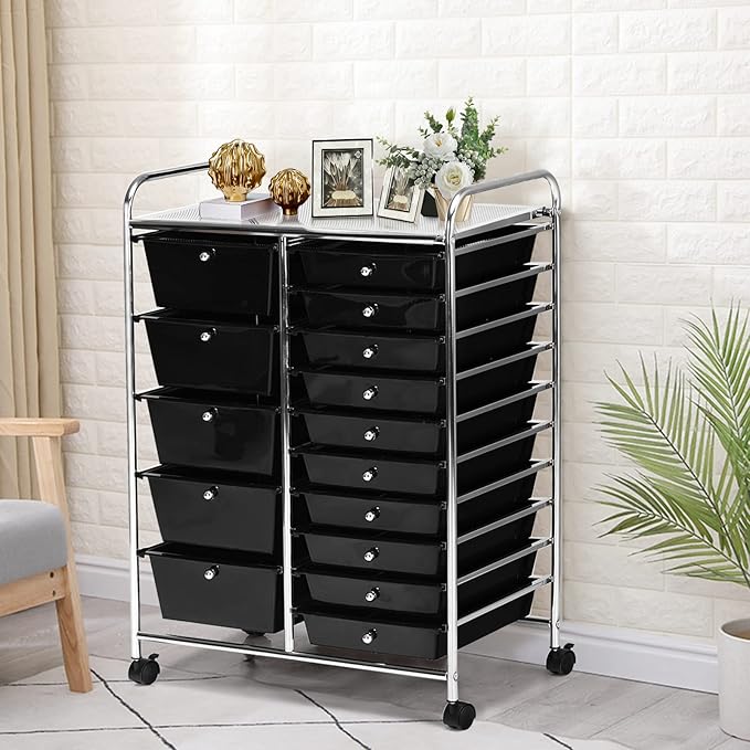 COSTWAY 15 Drawer Rolling Storage Cart, Multipurpose Mobile Storage Organizer w/Removable Drawers & Metal Frame, Utility Tools Paper Organizer on Wheels for Home, Office (Black)