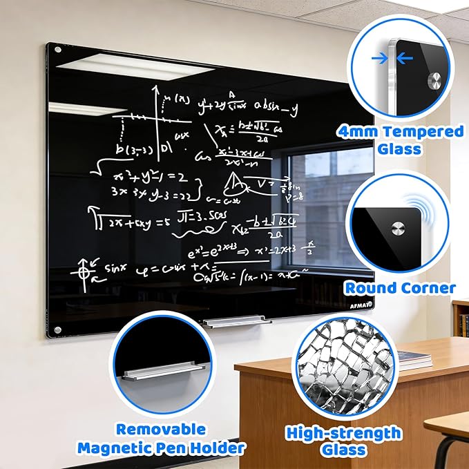 AFAMT Magnetic Dry Erase Board, 40" x 60" Glass Whiteboard, 4mm Tempered Glass, Strong Magnetic Surface, No Ghosting, Large Frameless Mounted Glass White Board for Office, Home, School