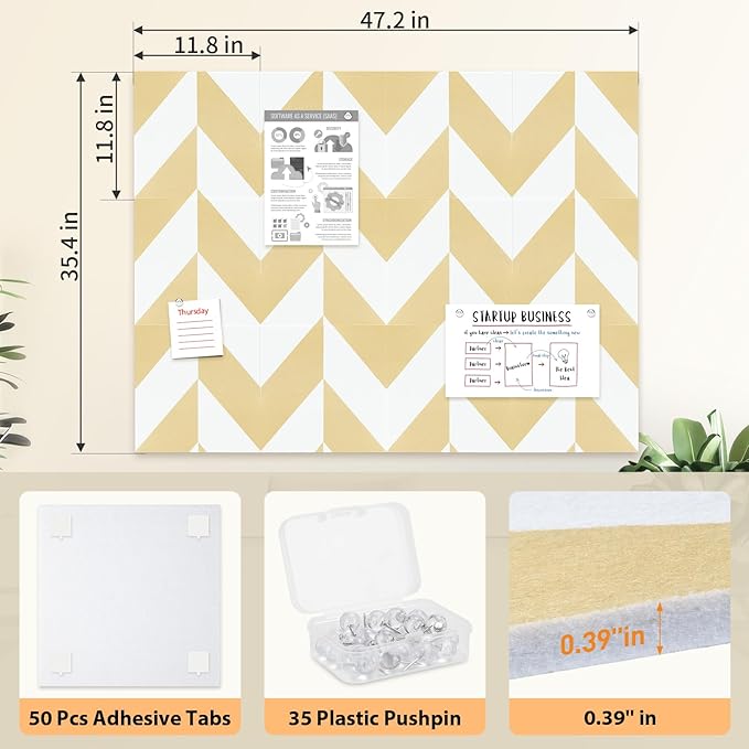 Smarpau Large Cork Board for Walls, 12 Pack Square Bulletin Board, 48"x36" Pin Board with Pushpins Removable Security Stickers, Felt Wall Tiles for Office Home Decoration-Geometric