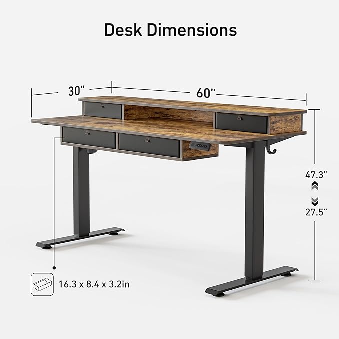 FEZIBO 60'' x 30'' Electric Standing Desk with 4 Storage Drawers, Adjustable Height Computer Table with Monitor Shelf, Stand Up Desk for Study, Gaming, Workstation, Rustic Brown Top