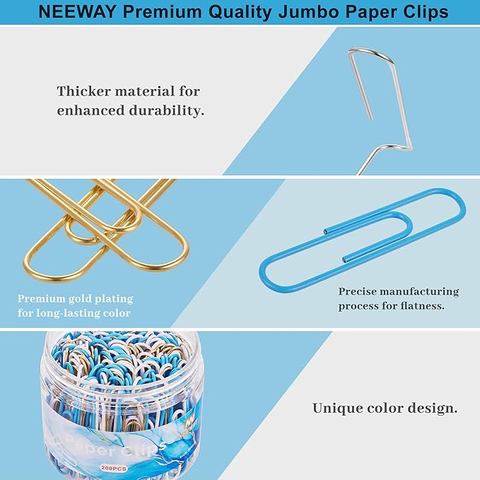 NEEWAY 200pcs Large Blue Paper Clips, 2 Inch Jumbo Paper Clip, Ceative Colored Paperclips for Paperwork Office School and Personal Use