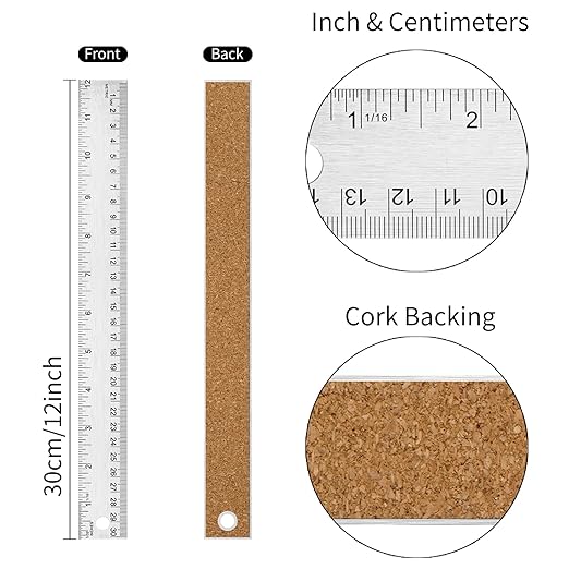 Metal Ruler with Cork Backing, 12 Inch Stainless Steel Rulers 12 Inch Metal Ruler - Imperial and Metric - Non-Slip Prevent Ink Leakage - for School Office Engineering Tools