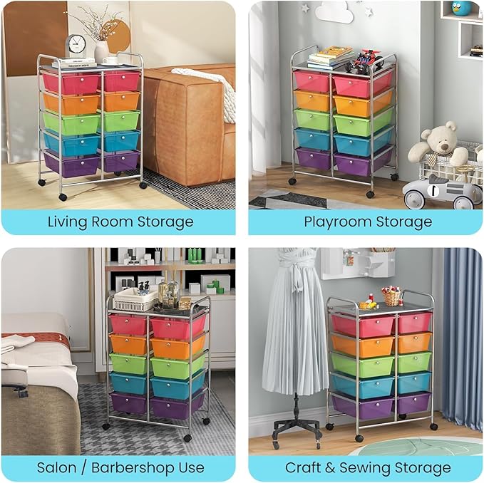 LDAILY 10 Drawer Rolling Cart, Storage Cart Organizer on Wheels, Drawer Cart with Metal Frame & Large Storage Capacity, Rolling Cart with Drawers for Living Room Classroom, Office