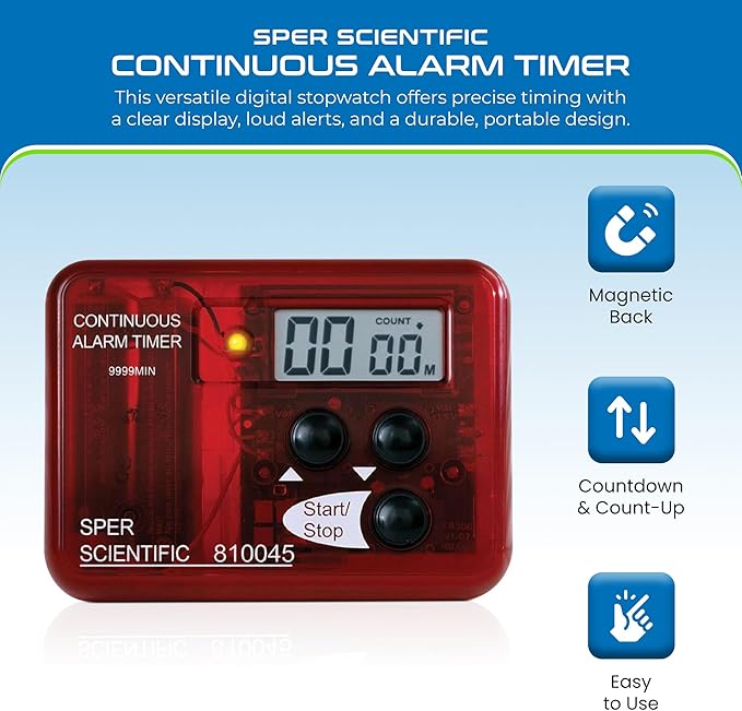 Sper Scientific Continuous Alarm Timer with Count Up Count Down & Visual Indicator 810045 - Bright LED Alarm & 9999-Minute Range - Portable Design for Cooking, Experiments, Fitness & More - 2 pc