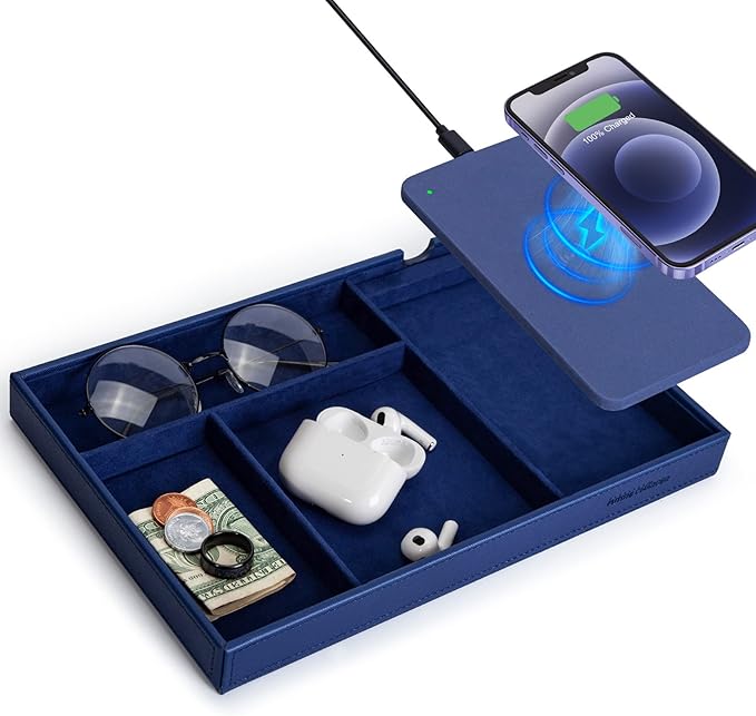 Valet Tray, Built in Wireless Charging Pad, Nightstand Organizer, Bedside Organizer, Mens Jewelry Box, Everyday Carry Tray for Men and Women -Blue