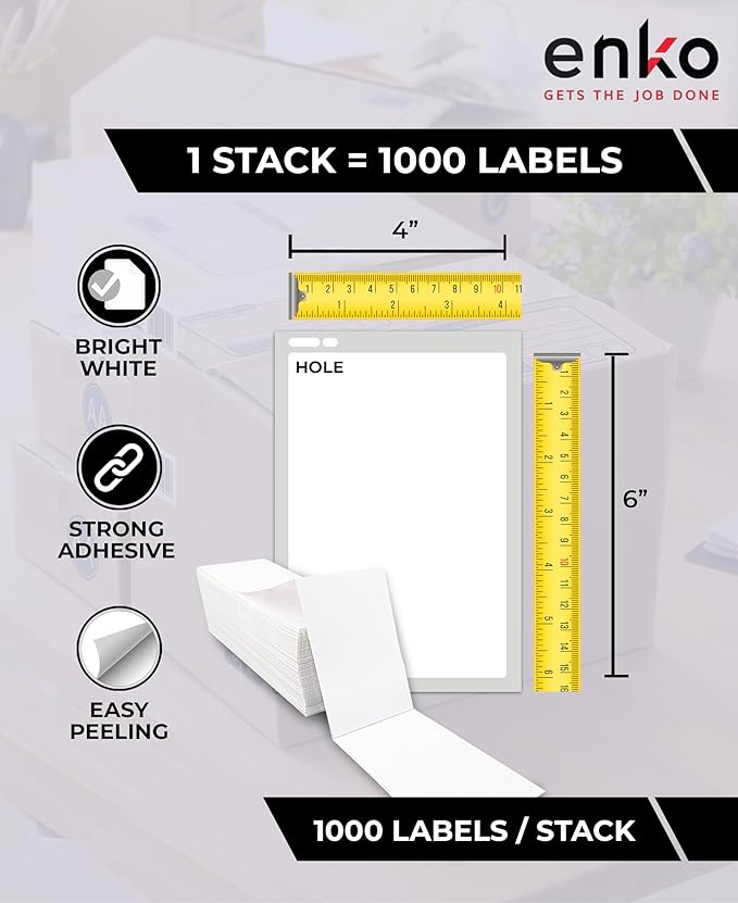enKo 4x6 Thermal Fan Fold Labels Compatible for Rollo Printer - 1 Stack of 1000 4x6 Label Zebra Printer - Mailing Postal Label Paper, Perforated, Permanent Adhesive (2 Labels/Fold)