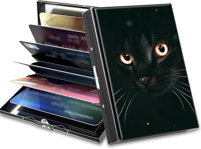 BWEGRHE Slim Credit Card Holder, Black Cat Glitter RFID Blocking Metal Wallet for Men & Women, Aluminum Minimalist Hard Case Pocket-Sized Business Cards Organizer (Fits Up to 10 Cards)